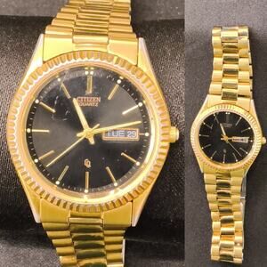 Vintage Citizen Presidential Watch Gold Tone Round Black Face Date #W5144